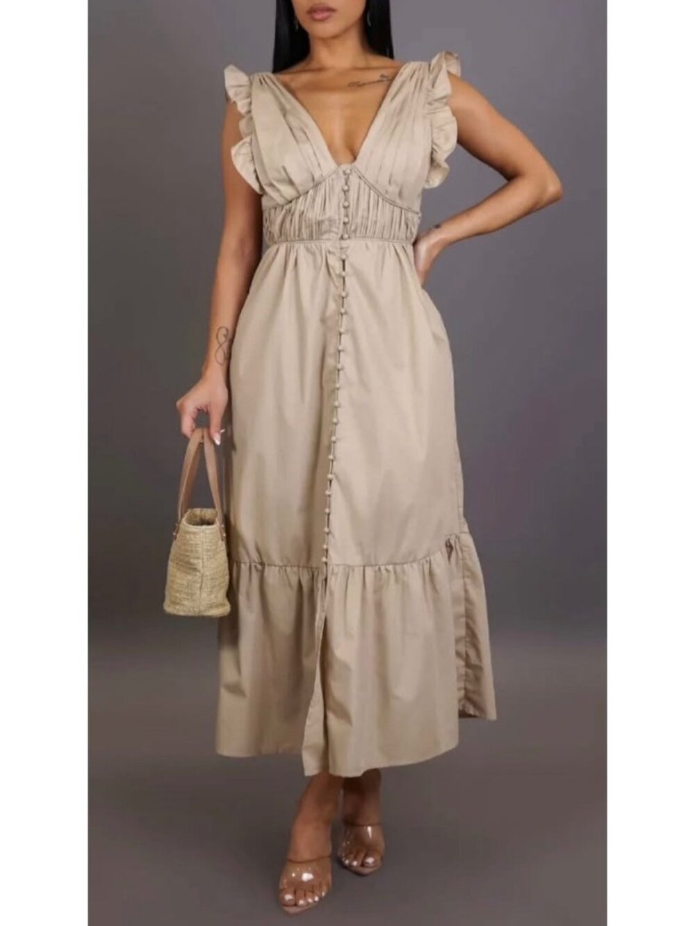 Mable Cotton Poplin Tiered Midi Dress Size Small Tan Cottagecore Milkmaid Boho